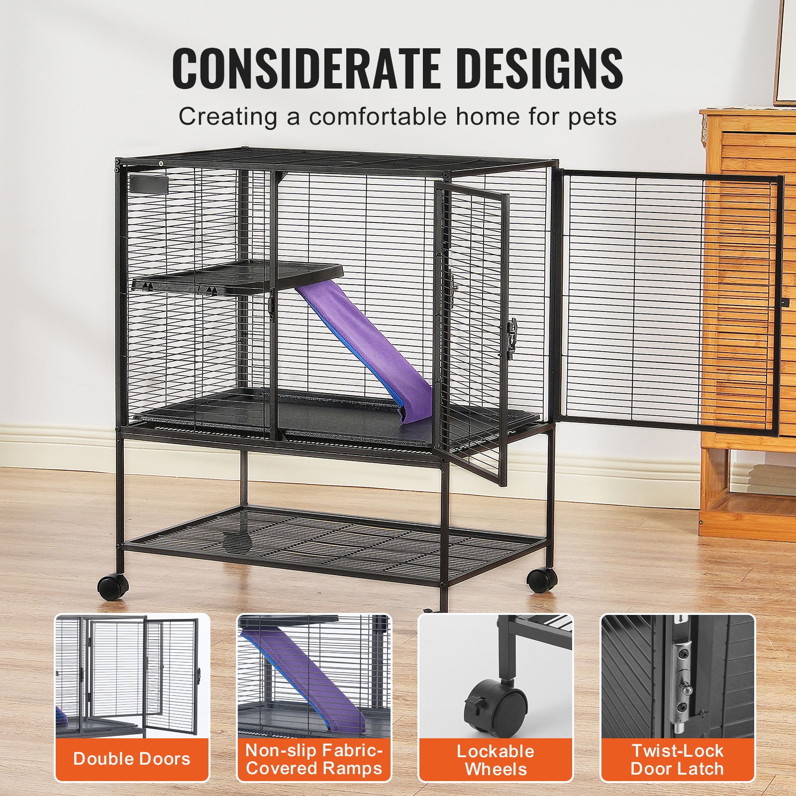 34" Metal Small Animal Cage 2-Tier Rolling Ferret Cage With Tray A Ramp_maomaolike.com
